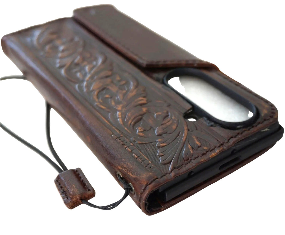 Handmade genuine leather phone case for Galaxy Z Fold 8, 7, 6, 5, with vintage dark book art wallet design by DAVISCASE.
