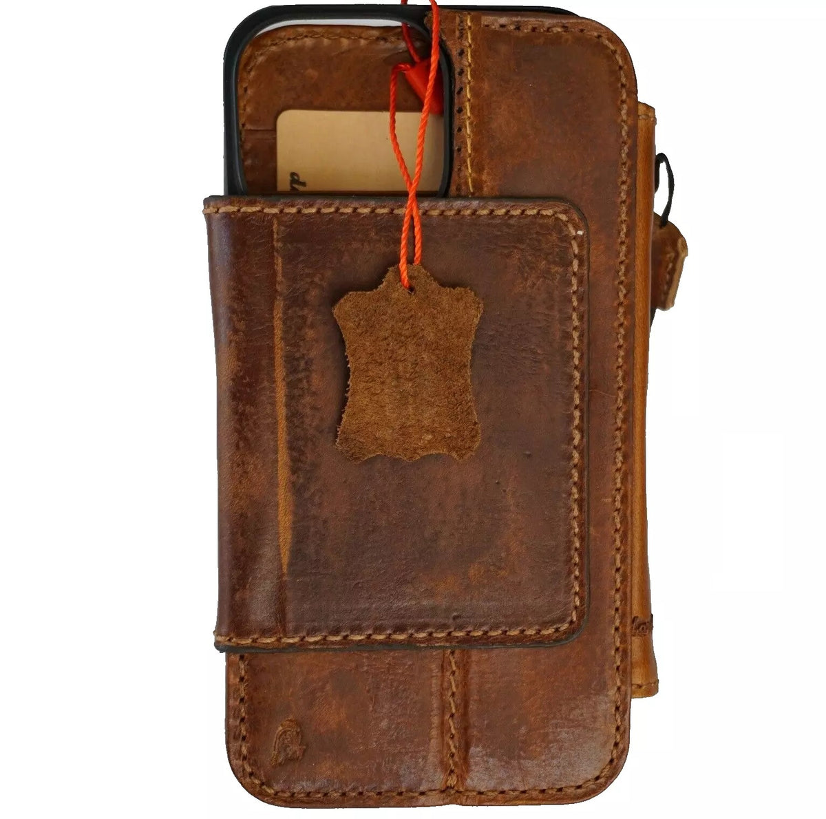 Handmade genuine leather phone case for iPhone 13-16 Pro Max with removable wallet, magnetic closure, custom hand-sewn design by DAVISCASE