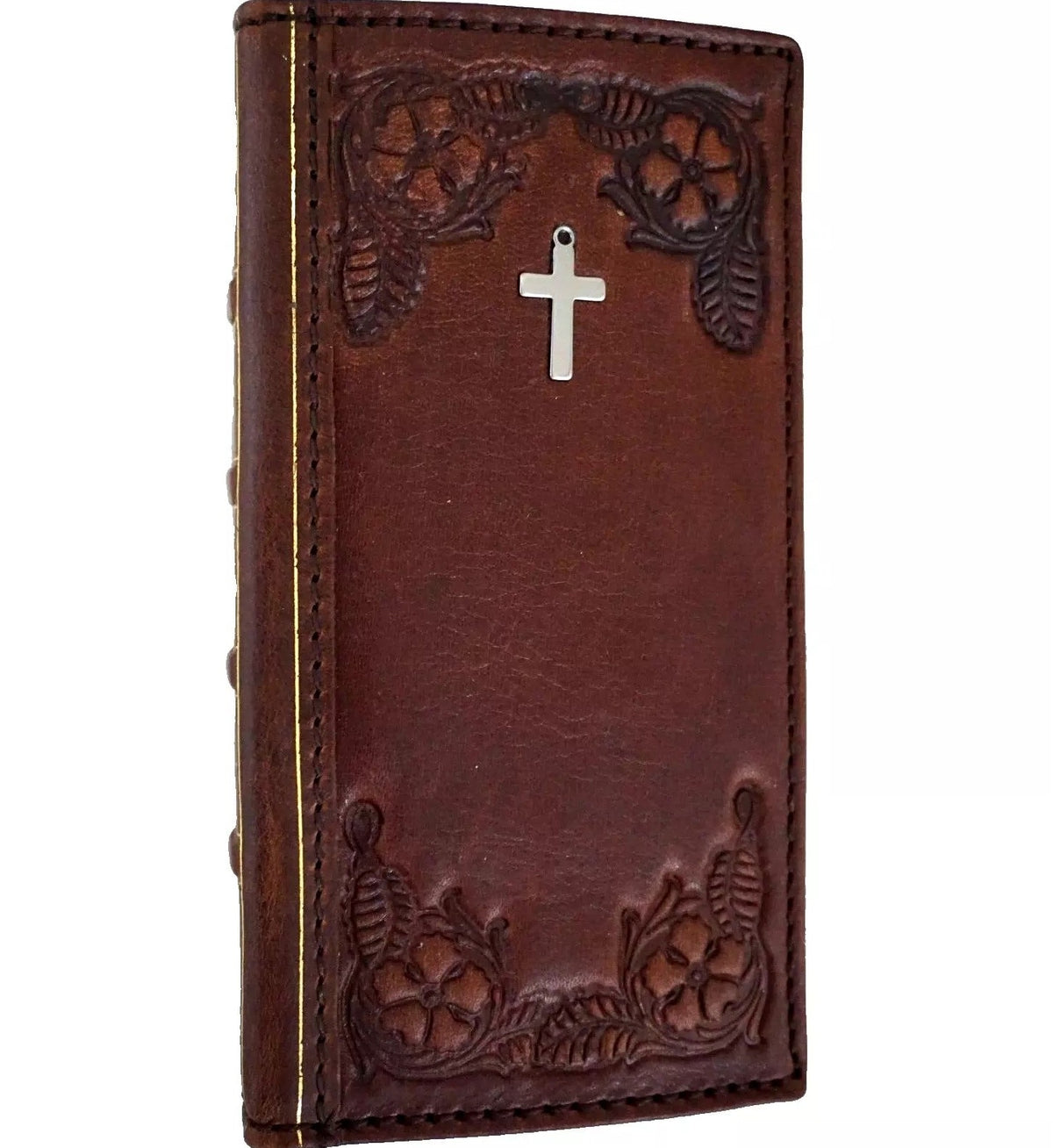 Handmade DAVISCASE leather phone case with vintage Cross of Jesus craft design, fits iPhone 16, 12, 13, 14, 15 Pro Max, 8 Plus.