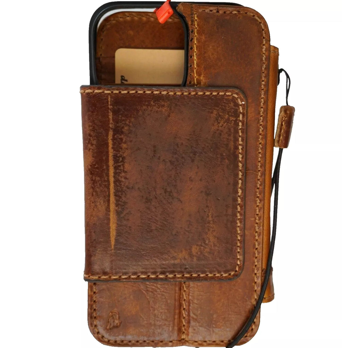 Handmade genuine leather phone case by DAVISCASE for iPhone 12-16 Pro Max, with removable wallet and magnetic closure.