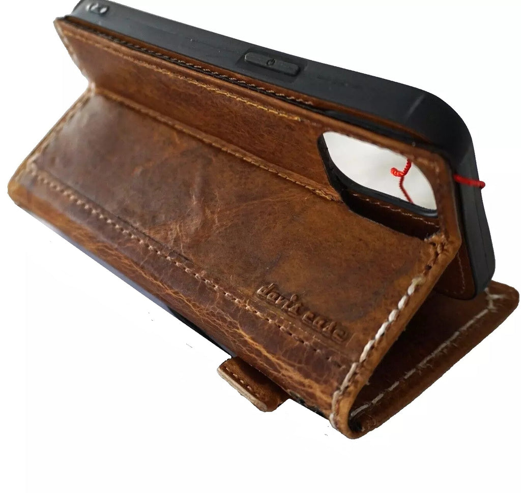 Handmade genuine leather phone case for iPhone 13-16 Pro Max with removable wallet, crafted by DAVISCASE in tan leather.