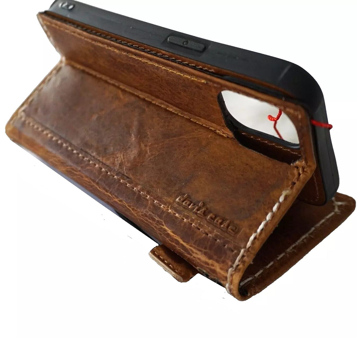 Handmade genuine leather phone case for iPhone 13-16 Pro Max with removable wallet, crafted by DAVISCASE in tan leather.