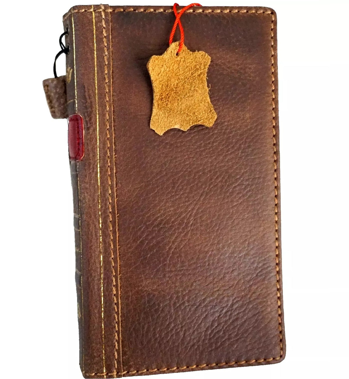 Handmade genuine leather phone case for iPhone 11-15 Pro Max by DAVISCASE with vintage shark Bible wallet book cover design.