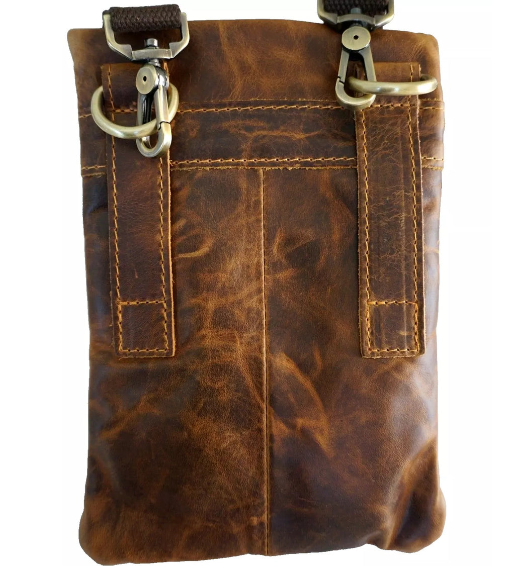 Genuine leather cross body bag in brown, vintage style, slim design, soft texture for men, by DAVISCASE.
