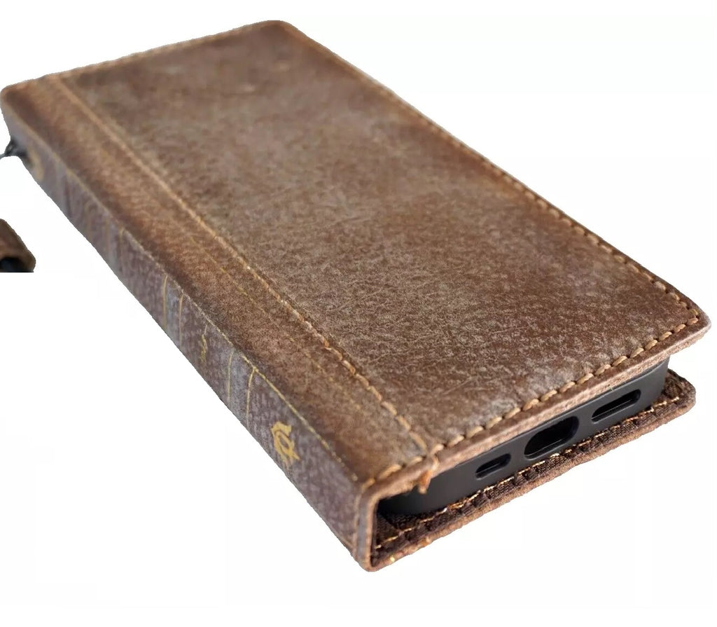 Handmade genuine leather phone case by DAVISCASE for iPhone 11-16 Pro Max, with vintage Bible-inspired design and white stone accents.