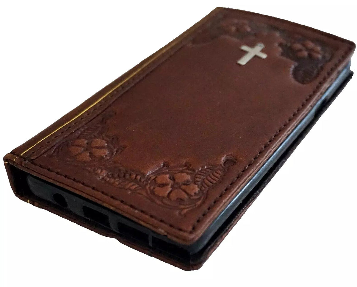 Handmade genuine leather phone case for iPhone 16, 14, 13, 12, 15 Pro Max, with vintage cross art and Bible-inspired design.