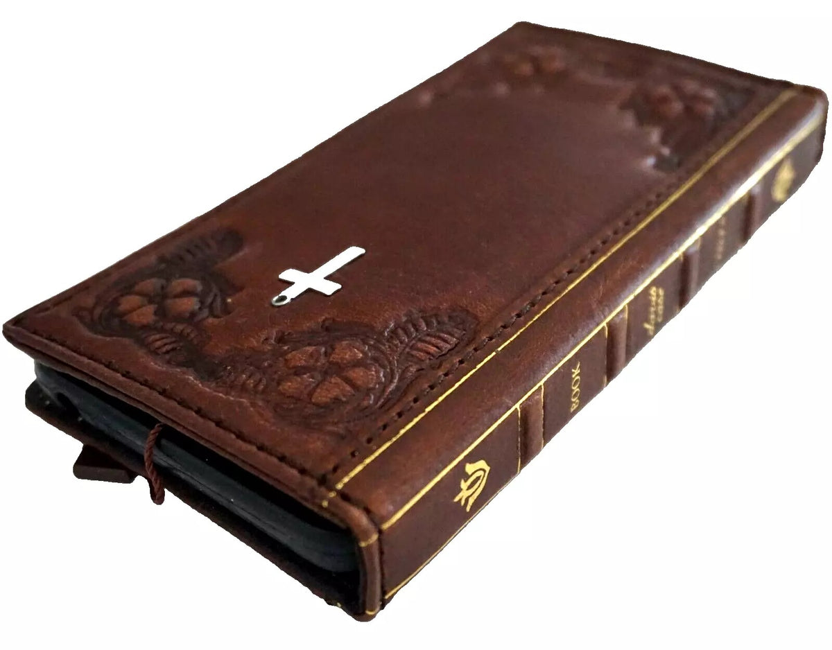 Handmade genuine leather phone case for iPhone 12-16 Pro Max with vintage cross of Jesus design and Bible-inspired art.