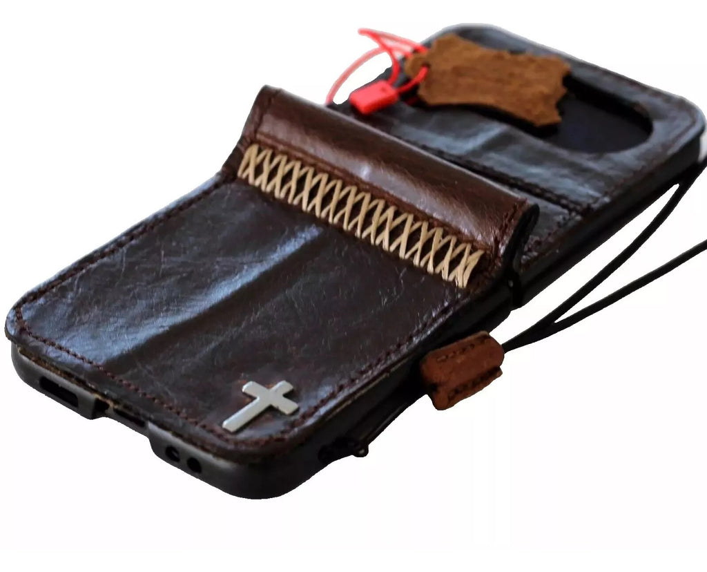 Handmade genuine leather phone case for Galaxy Z Flip 3 to 7 by DAVISCASE, featuring a flip wallet book cover with cross stamp detail.