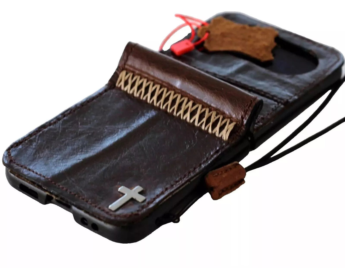 Handmade genuine leather phone case for Galaxy Z Flip 3 to 7 by DAVISCASE, featuring a flip wallet book cover with cross stamp detail.