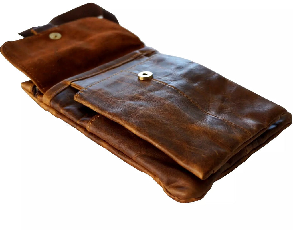 Genuine leather men's cross body bag in vintage brown, slim and soft, by DAVISCASE, perfect for both men and women.