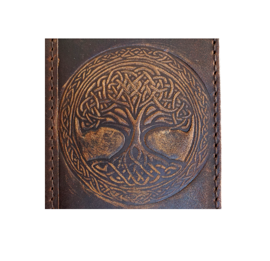Handmade leather phone case for iPhone models with vintage shark craft design, tree of life artwork, credit card slots, and wallet style.