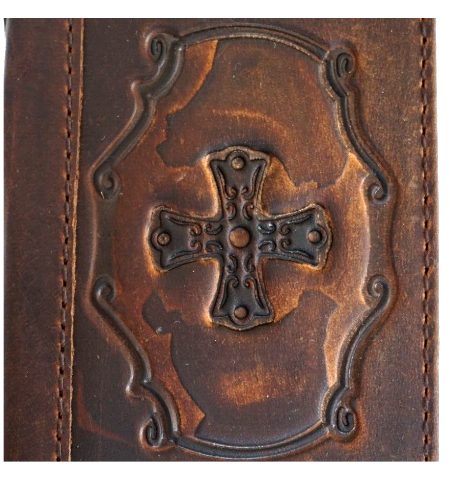 DavisCase genuine leather Google Pixel 7 Pro wallet case with Jesus cross embossing, dark color, and wireless charging compatibility.