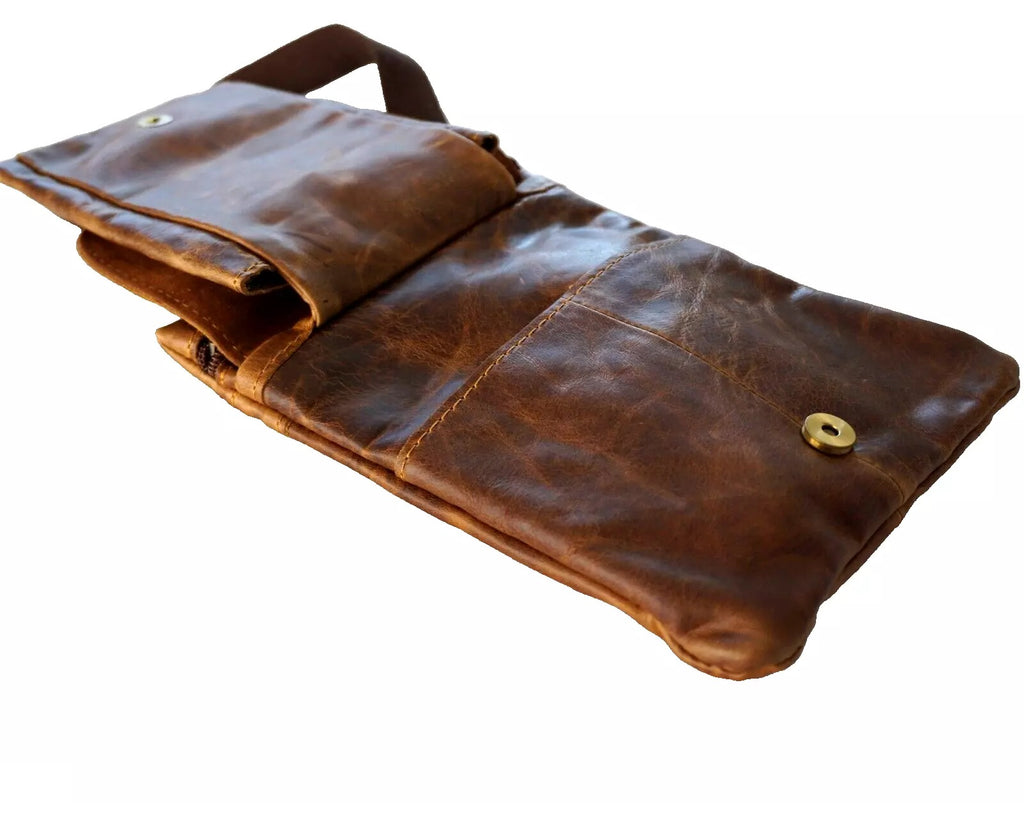 Mens genuine leather cross body bag by DAVISCASE, slim vintage style in soft brown leather with classic design.