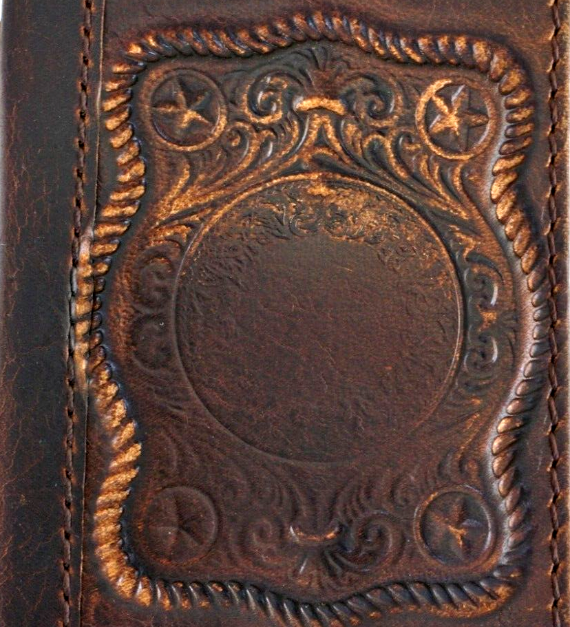 Handmade genuine leather phone case for iPhone 11-15 Pro Max, vintage tan style with embossed art, credit card slots, and retro design.