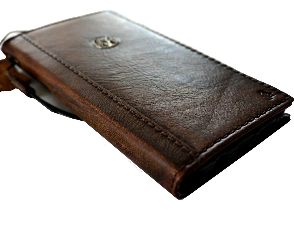 Handmade genuine leather phone case for Apple iPhone models, with vintage style, credit card slots, and jewel accents.