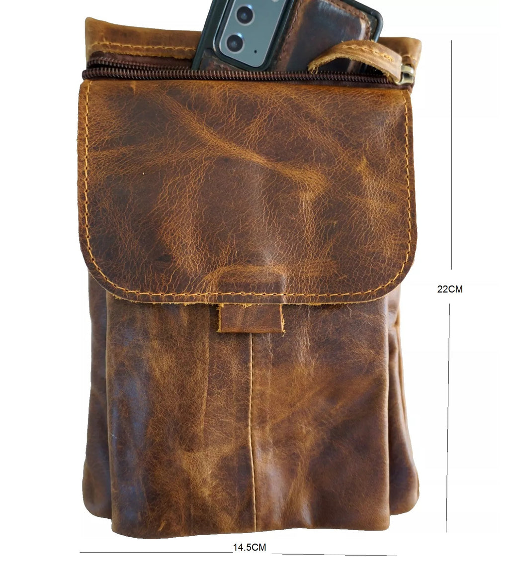 Brown genuine leather crossbody bag by DAVISCASE, vintage slim design for men with soft, classic style.