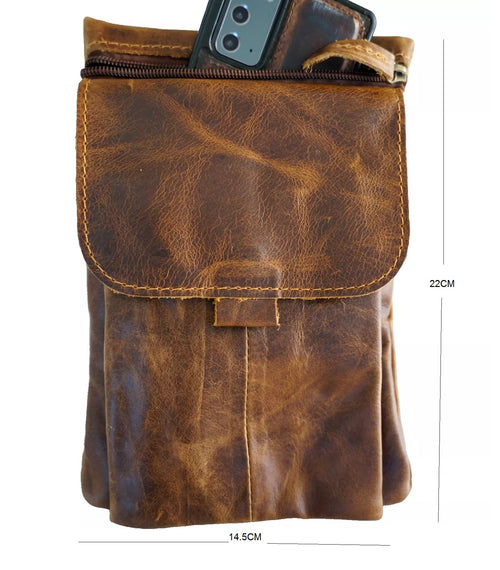Brown genuine leather crossbody bag by DAVISCASE, vintage slim design for men with soft, classic style.