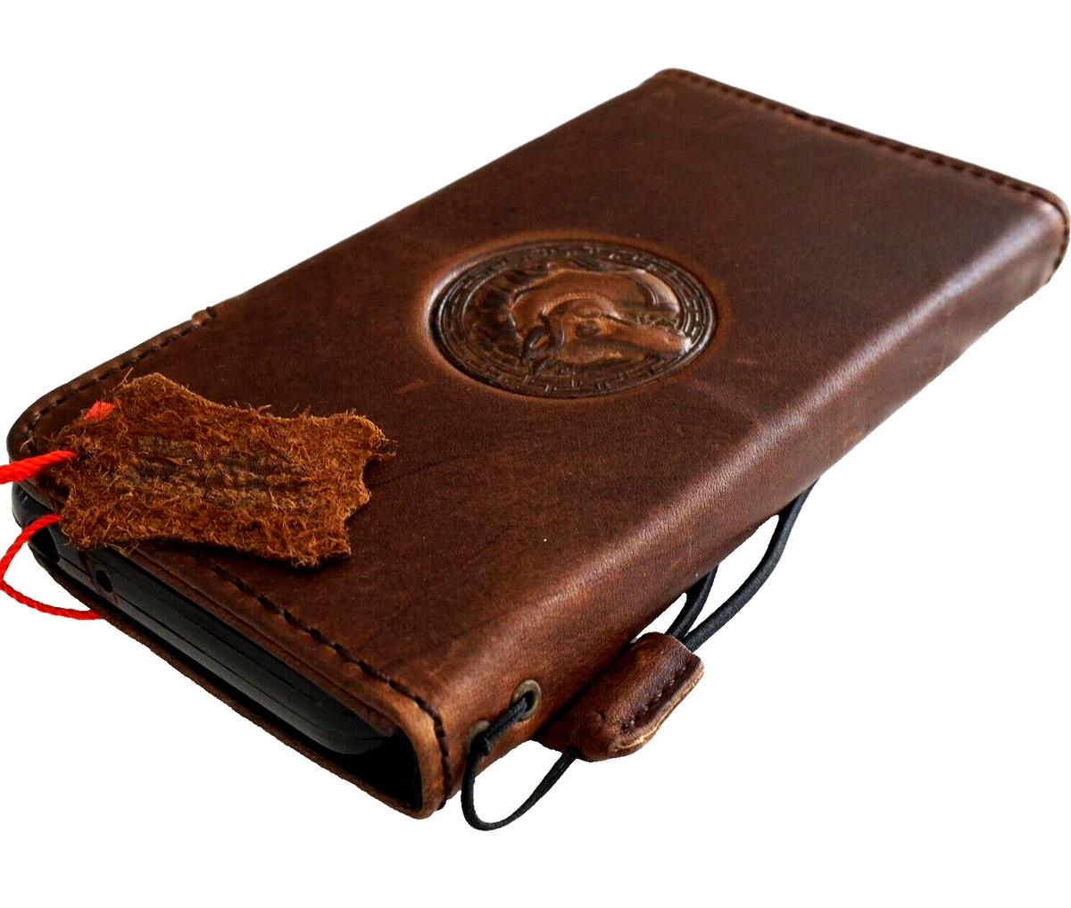 Handmade genuine leather phone case for iPhone 12-16 Pro Max with wallet style cover by DAVISCASE, featuring a horse design and mini art details.