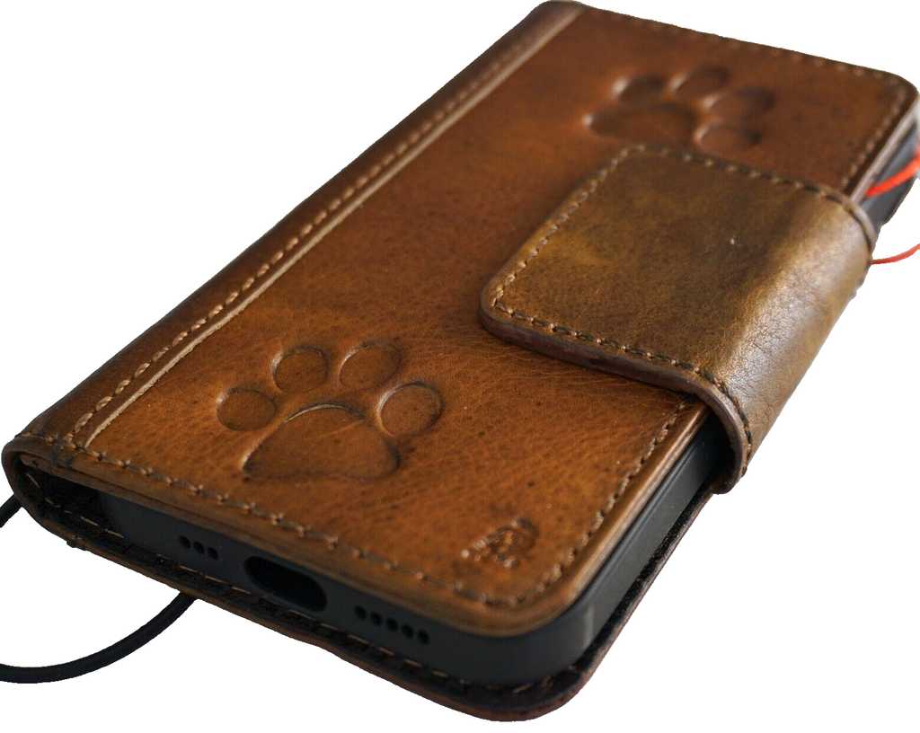 Genuine leather wallet case for Google Pixel 7 Pro by DAVISCASE with dog paw design, magnetic closure, and foldable book style.