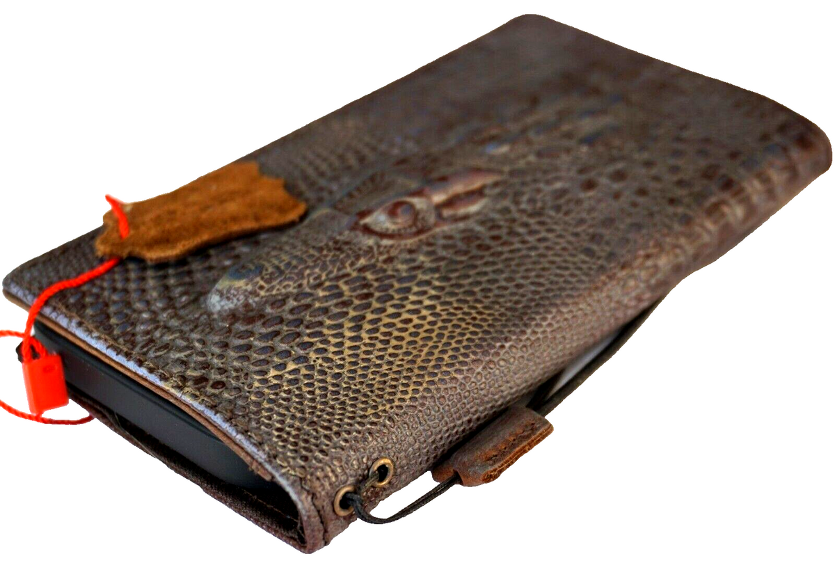 Handmade DAVISCASE genuine leather phone case for iPhone 11-15 Pro Max, vintage crocodile style with credit card slots and full grain leather.