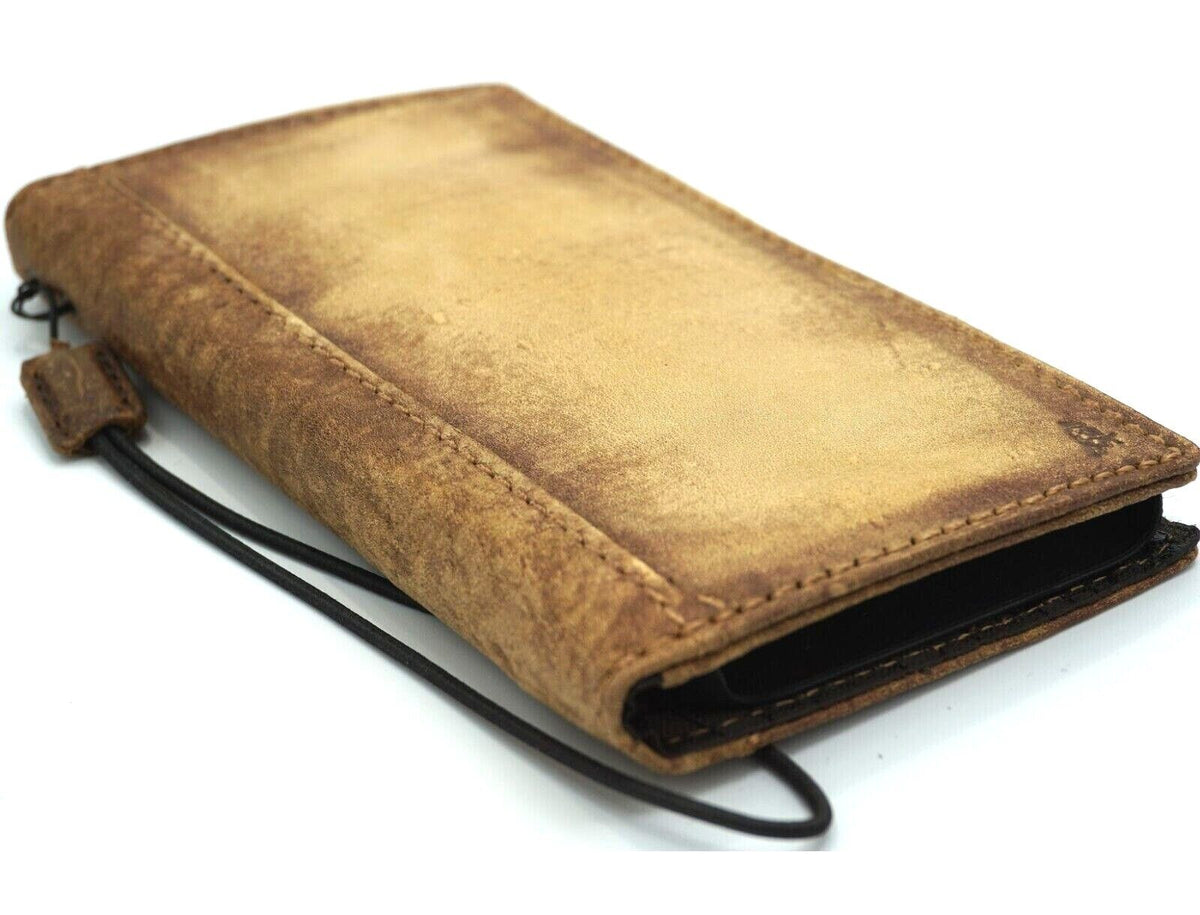 Handmade leather phone case for iPhone models, vintage style credit cover with art tan finish, by DAVISCASE.