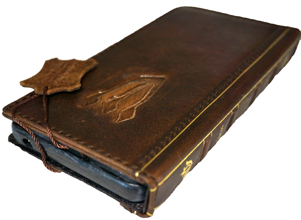 Handmade genuine leather phone case for Apple iPhone 11-15 Pro Max, vintage style wallet with card slots and Jewish Mezuzah cover.