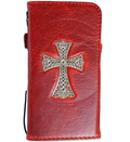 Handmade genuine leather phone case for Apple iPhone 16, 12, 13, 14, 15 Pro Max, 8 Plus, SE in red wine with cross design.