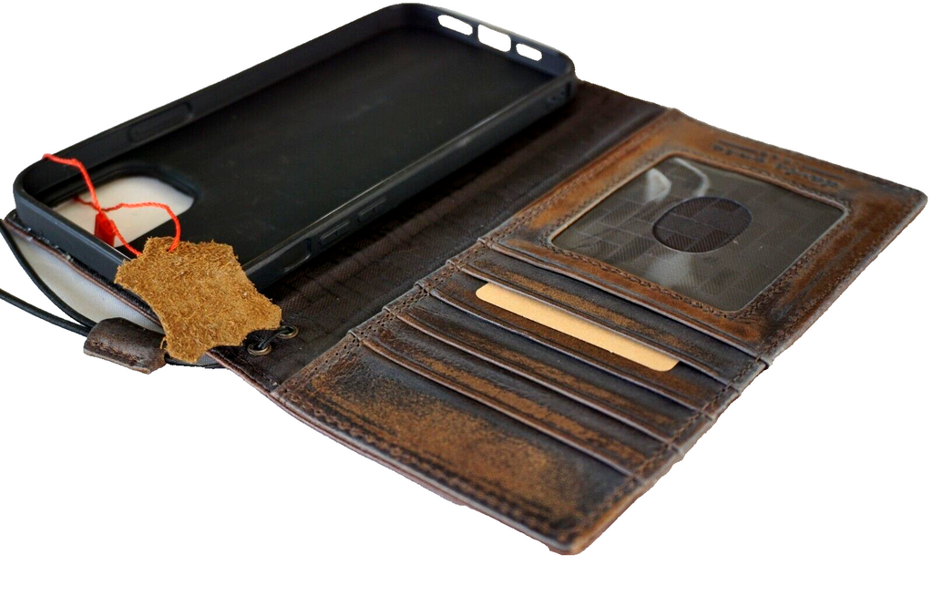 Handmade genuine leather phone case for iPhone 11 to 17 Pro Max by DAVISCASE, featuring a Bible-style wallet design and luxury craftsmanship.