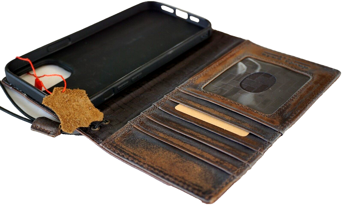 Handmade genuine leather phone case for iPhone 11 to 17 Pro Max by DAVISCASE, featuring a Bible-style wallet design and luxury craftsmanship.