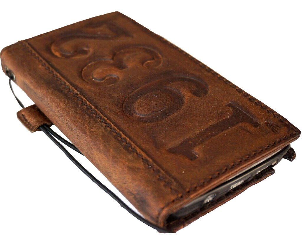 Handcrafted genuine leather phone wallet case for iPhone 11-15 Pro Max, vintage dog paw design, credit card slots, DAVISCASE.