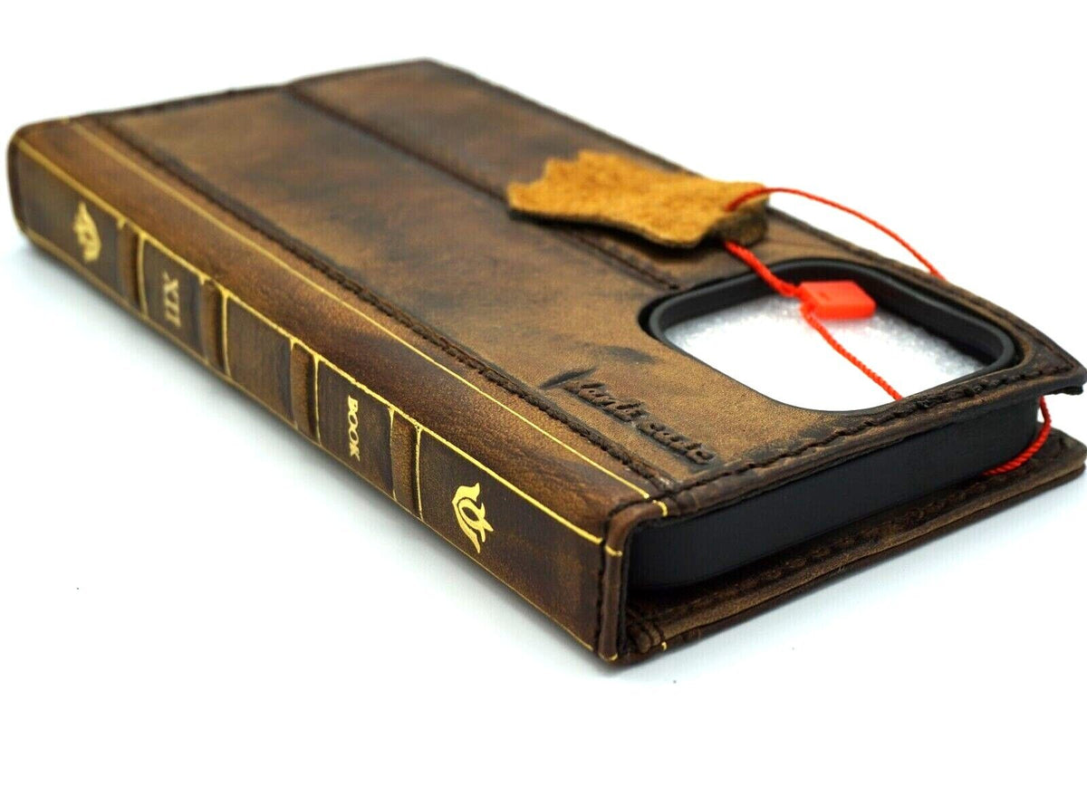Handmade genuine leather phone case for iPhone models 8 to 17 by DAVISCASE, featuring a Bible crafts wallet design.