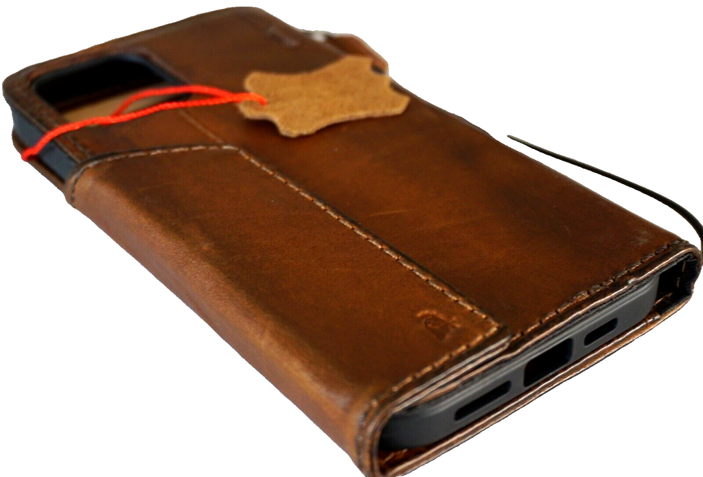 Handmade genuine leather phone case for iPhone 11-16 Pro Max with vintage tree of life design, credit card slots, and magnetic closure.