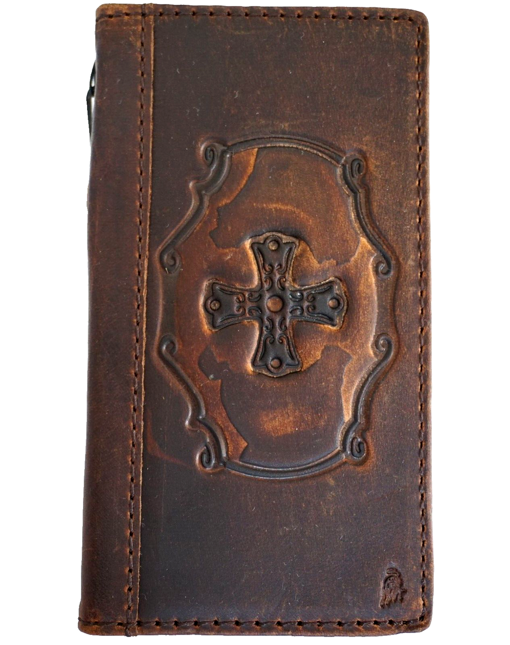 Dark Daviscase genuine leather wallet case for Google Pixel 7 Pro with Jesus cross embossing, wireless charging compatible.