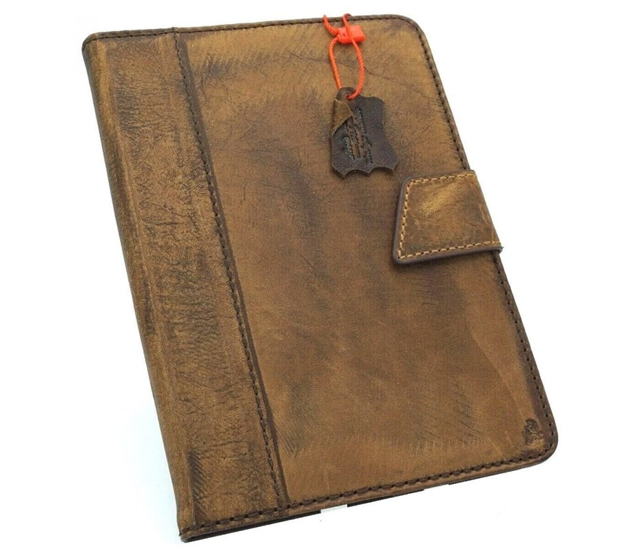 Handmade genuine leather iPad Mini 7 case with card slots by DAVISCASE, featuring a luxurious black design and precise fit.
