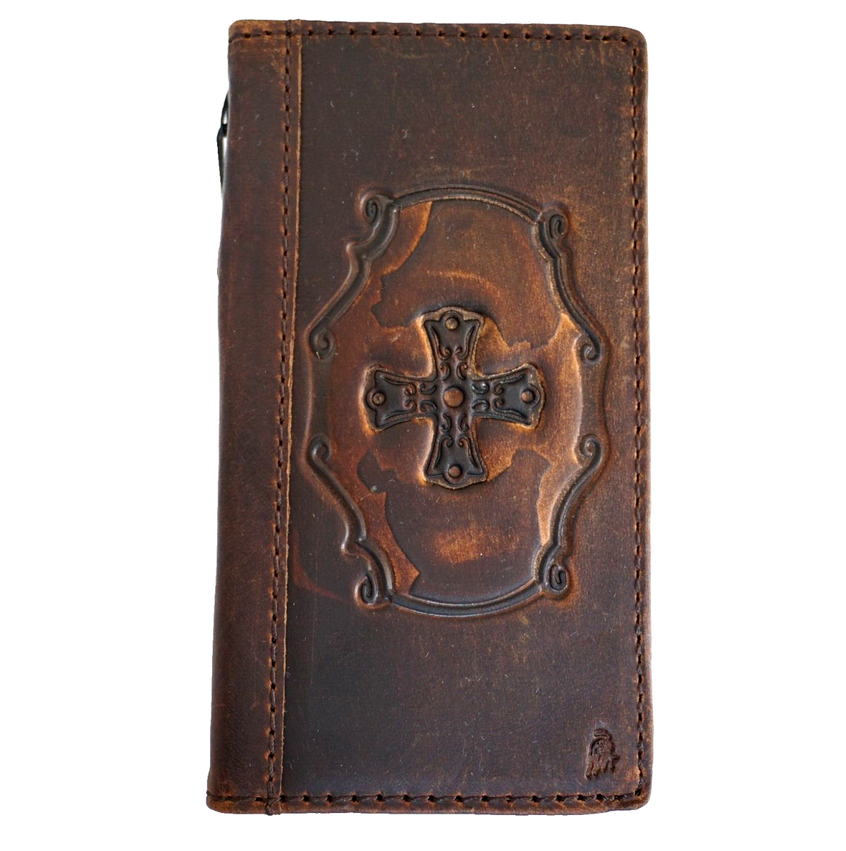 Daviscase genuine leather Google Pixel 7 Pro wallet case with Jesus cross embossing and dark Davis color, designed for wireless charging.