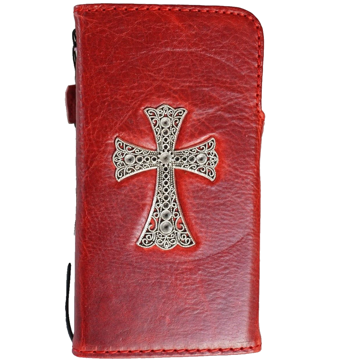 Genuine leather Samsung Galaxy S24 Ultra case by DAVISCASE, handmade with magnetic closure, red wine color, and built-in wireless charger.