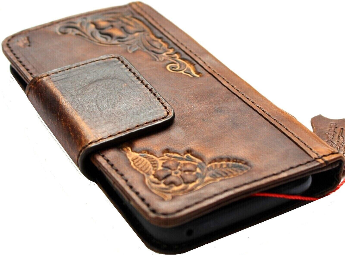 Handmade genuine leather phone case for Samsung Galaxy S24 Ultra, A03S, Note 20, A51, A71 with vintage style, magnetic closure, and wallet features.