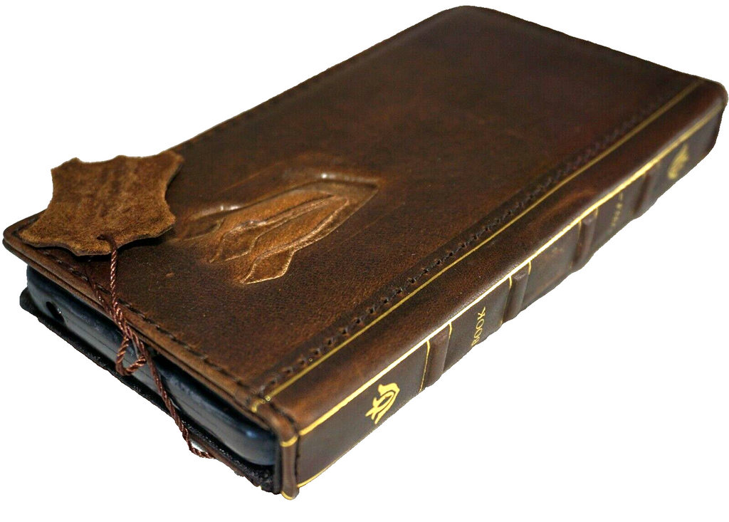 Handmade genuine leather phone case for iPhone 11-15 Pro Max with vintage style, Bible book design, and card holder by DAVISCASE