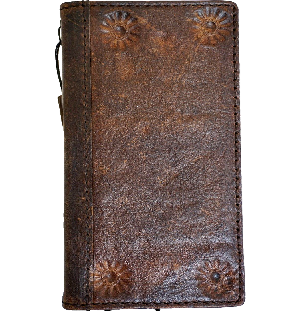 Handmade genuine leather phone case for iPhone models 11 to 18 Pro Max with vintage rustic style, credit card slots, and wireless compatibility.