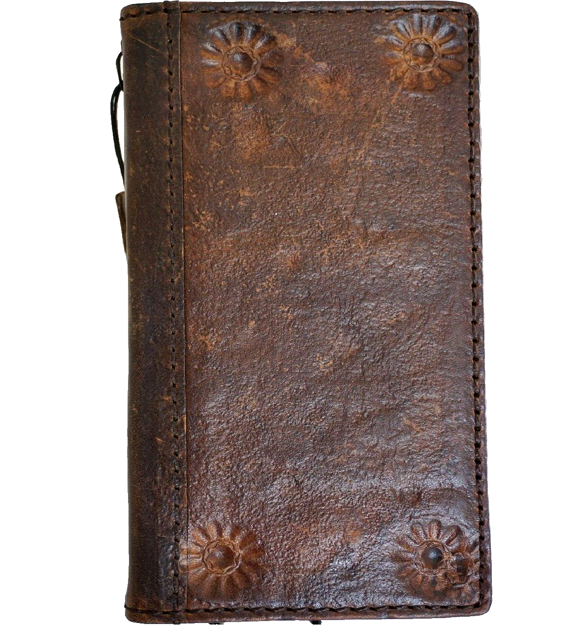 Handmade genuine leather phone case for iPhone models 11 to 18 Pro Max with vintage rustic style, credit card slots, and wireless compatibility.