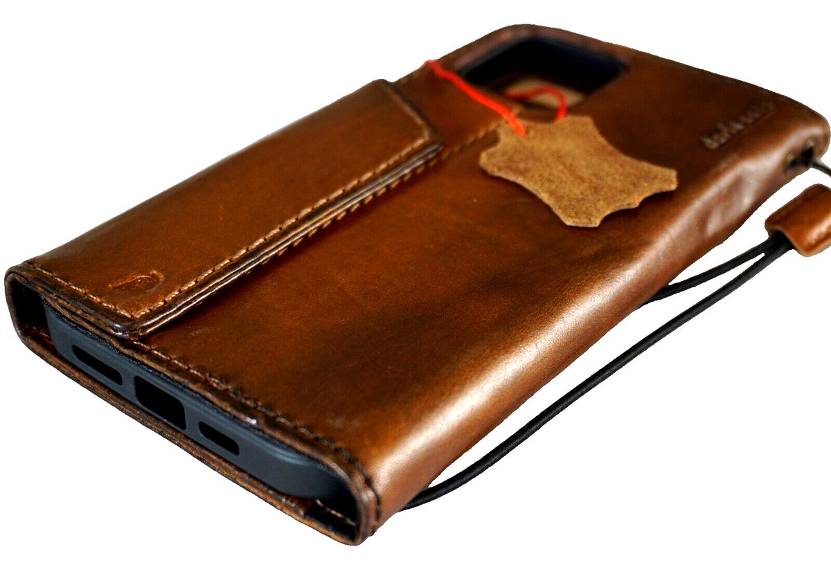 Handmade genuine leather phone case for iPhone 11-16 Pro Max with vintage tree of life design, credit card slots, and magnetic closure.