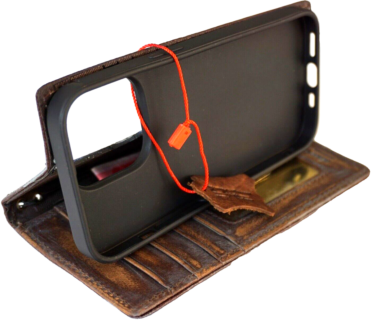 DavisCase genuine leather phone wallet case for iPhone 11 to 15 Pro Max, vintage handcrafted with dog paw design and credit card slots.