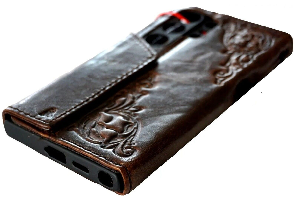 Handmade dark brown genuine leather Samsung Galaxy S24 Ultra case with wallet design, rubber holder, magnetic closure, and wireless charging.