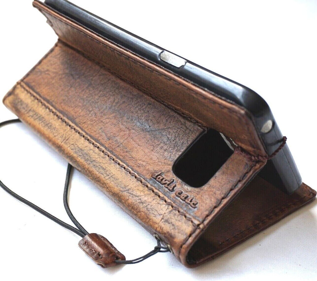 Handmade genuine leather phone case by DAVISCASE for Galaxy S and Note series, vintage diamond style with wallet and credit card slots.