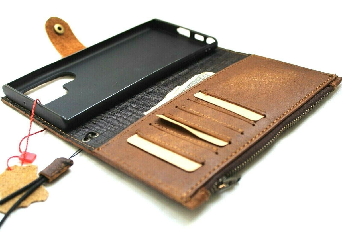 Handmade genuine leather phone case for Galaxy S26, Z Fold 4, 5, 6, 7, with zipper and wallet features, by DAVISCASE.