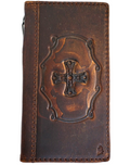 Genuine leather phone case for iPhone 11-15 Pro Max by DAVISCASE, vintage style with credit card slots and cross of Jesus design.