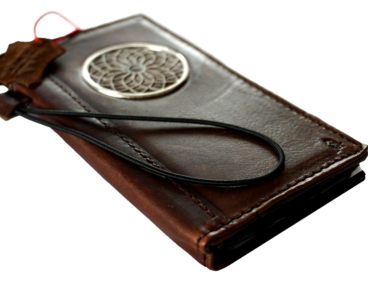 Handmade genuine leather phone case for iPhone 11 to 15 Pro Max with vintage design, credit card slots, and full grain leather by DAVISCASE.