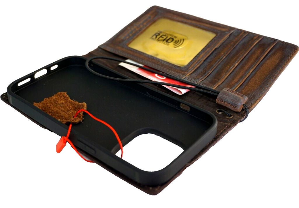 DavisCase genuine leather phone wallet case for iPhone models, vintage handcrafted design with dog paw motif and credit card slots.