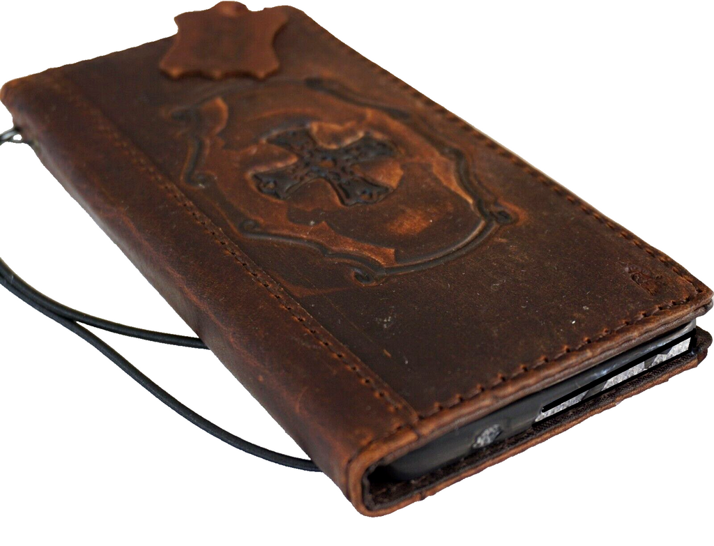 Handmade leather phone case for iPhone 11-15 Pro Max, vintage style with cross of Jesus design, credit card slots, full grain leather.