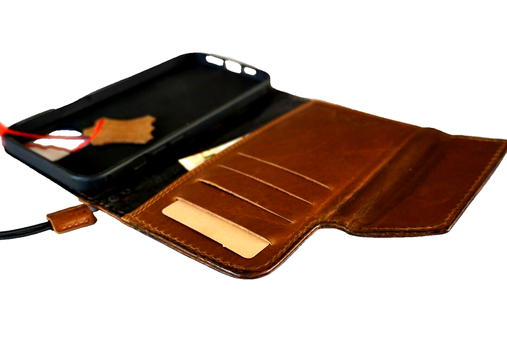Handmade DAVISCASE genuine leather phone case with vintage Tree of Life design, credit card slots, for iPhone 11 to 16 Pro Max.